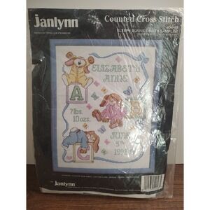 JANLYNN Counted Cross Stitch Kit SLEEPY BUNNIES BIRTH SAMPLER #54-48  11 x 14"